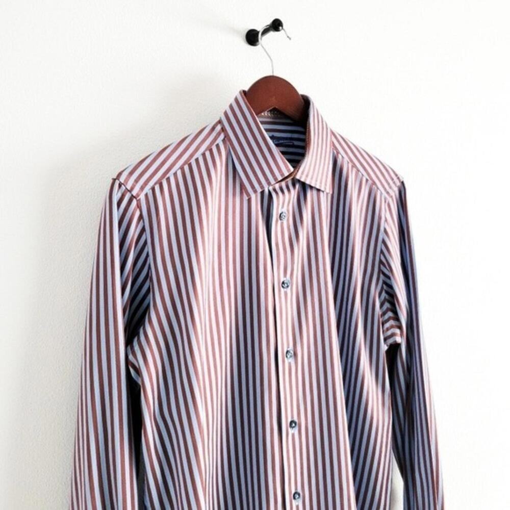 Robert Graham Shirt Twill Striped Button Up Flip Cuff Blue Brown Mens S - Picture 5 of 9